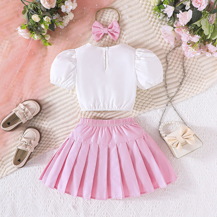 Girls Round Neck Puffed Sleeves Top With Skirt