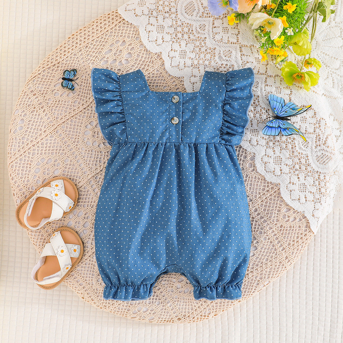 Infant Girls Printed Cotton Square Neck Rompers