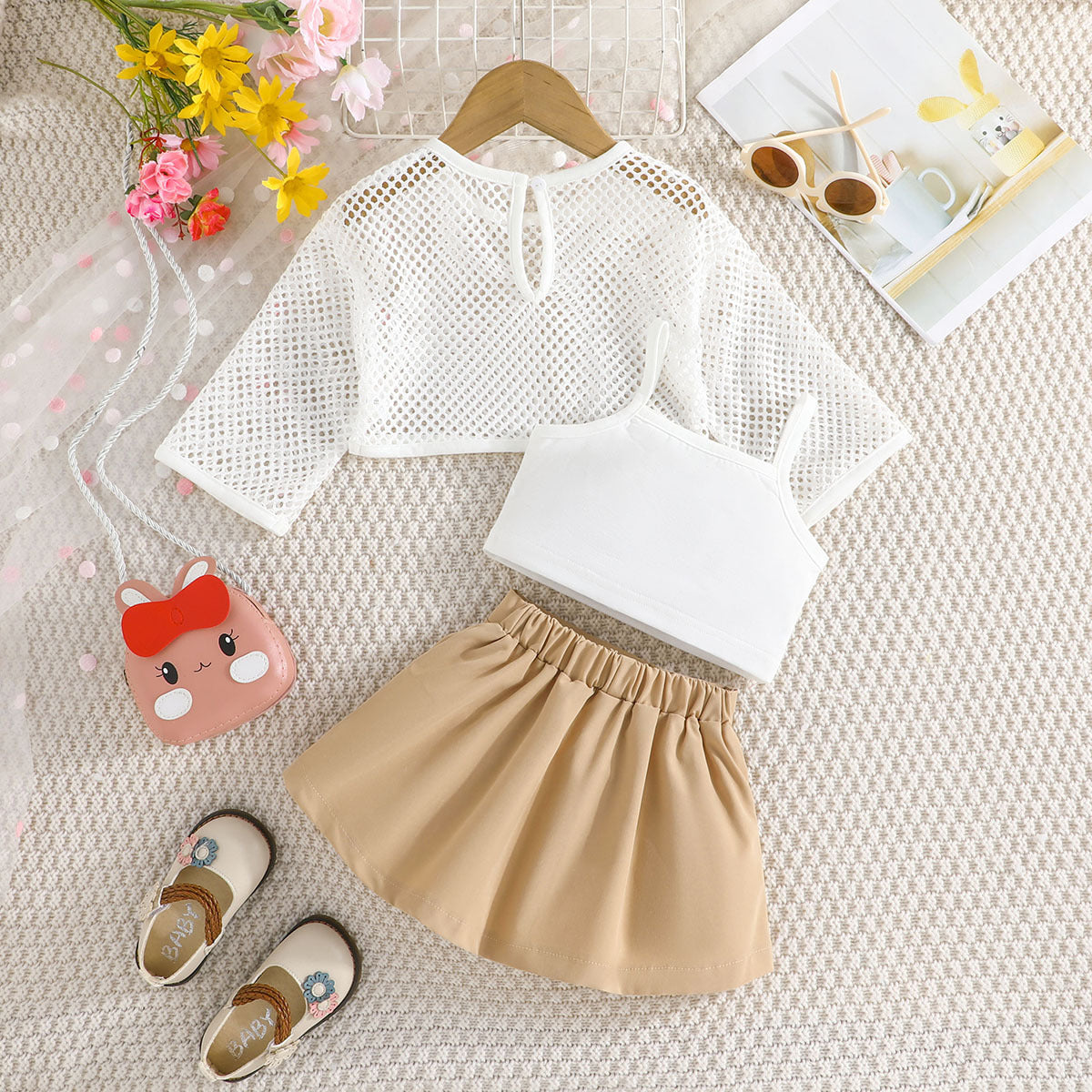 Girls White Shoulder Straps Top With Skirt