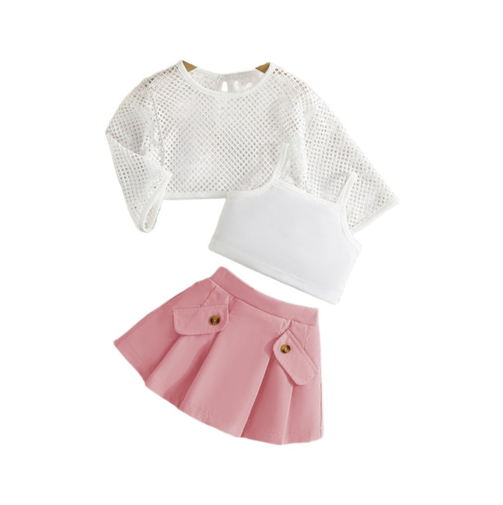 Girls Pink & White Shoulder Straps Top with Skirt & T-shirt