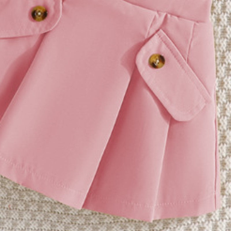 Girls Pink & White Shoulder Straps Top with Skirt & T-shirt