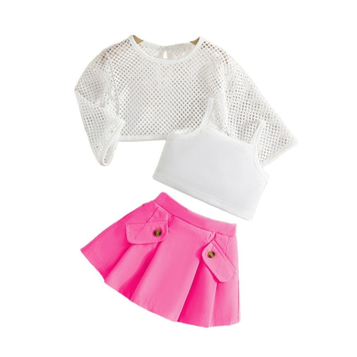 Fuchsia & White Girls Shoulder Straps Top With Skirt And Waistcoat