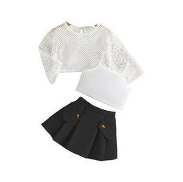 Girls Black & White Shoulder Straps Top with Skirt