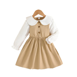 Girls Beige & White Colourblocked Peter Pan Collar Fit & Flare Dress