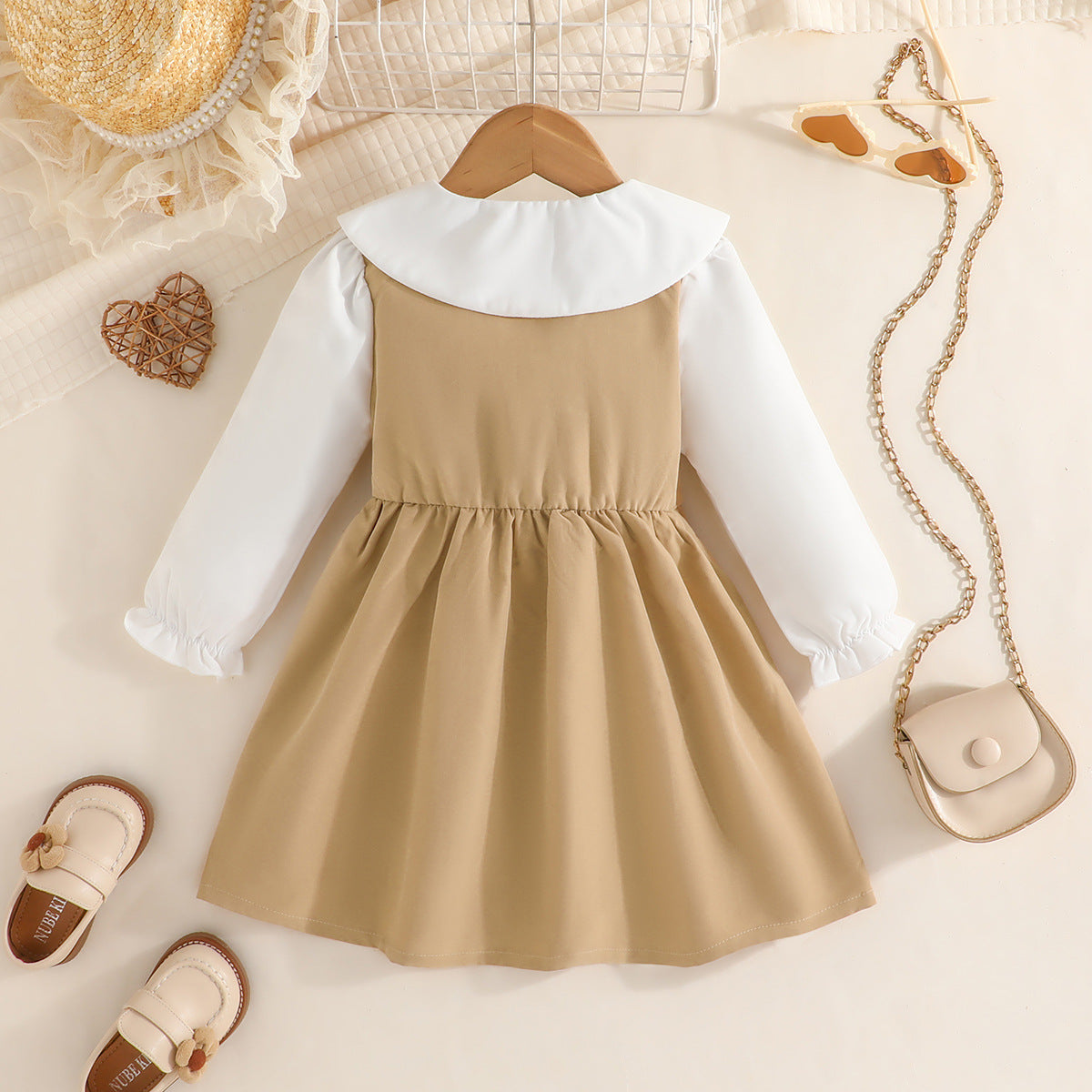 Girls Beige & White Colourblocked Peter Pan Collar Fit & Flare Dress