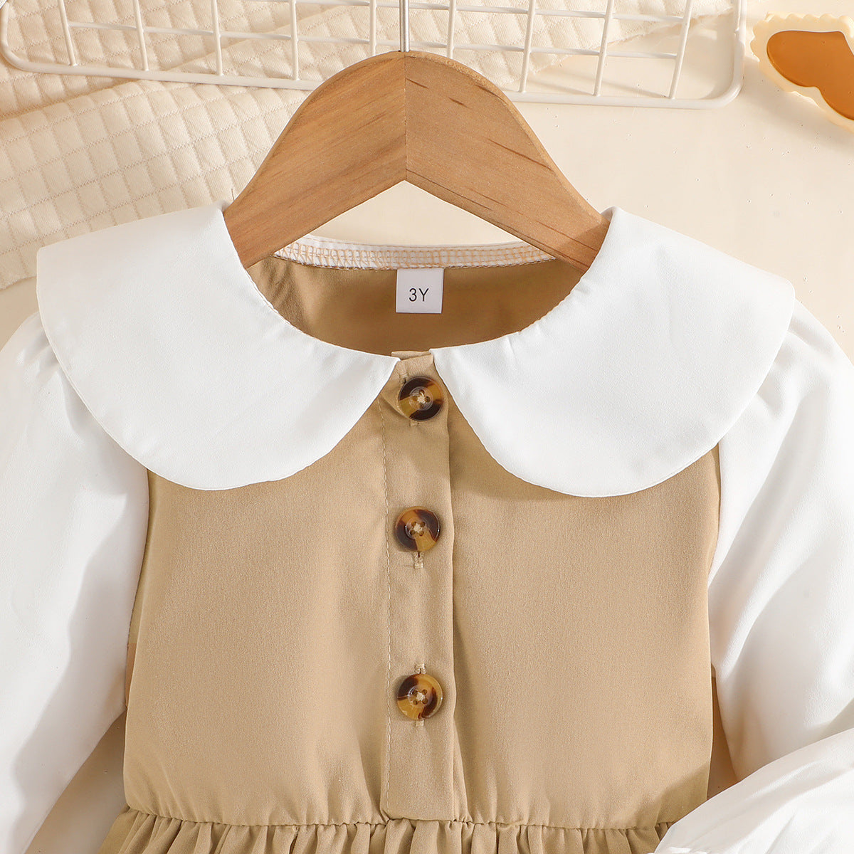 Girls Beige & White Colourblocked Peter Pan Collar Fit & Flare Dress