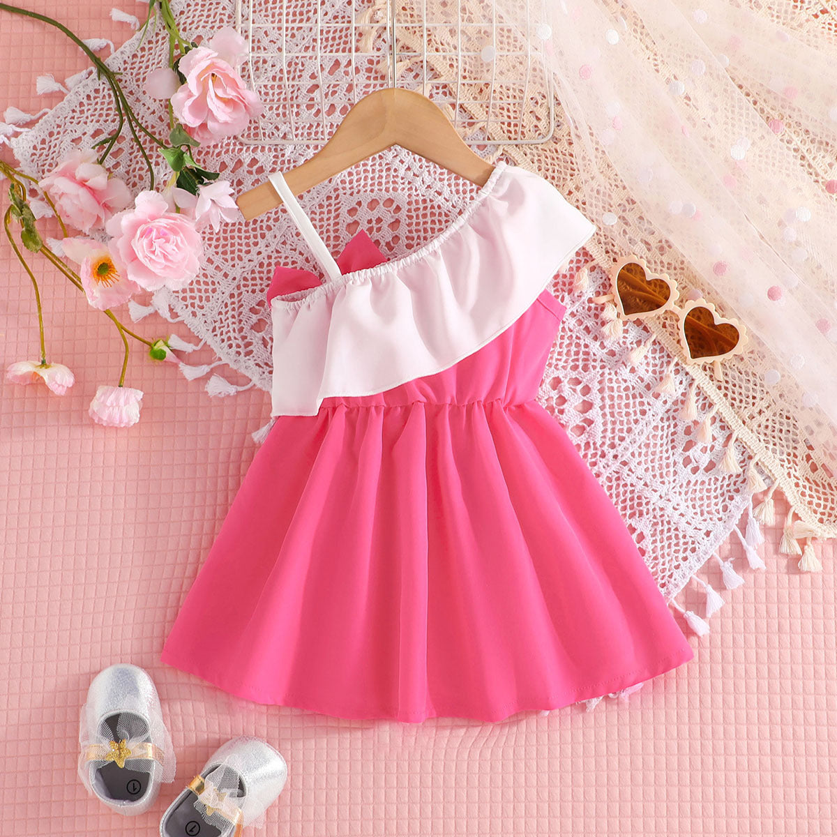 Girls Fuchsia One Shoulder Fit & Flare Dress