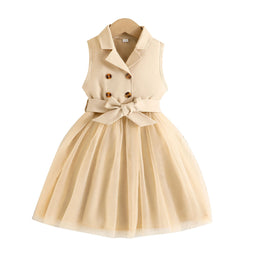 Beige Girls Shirt Collar Sleeveless Bow Detail Fit & Flare Dress