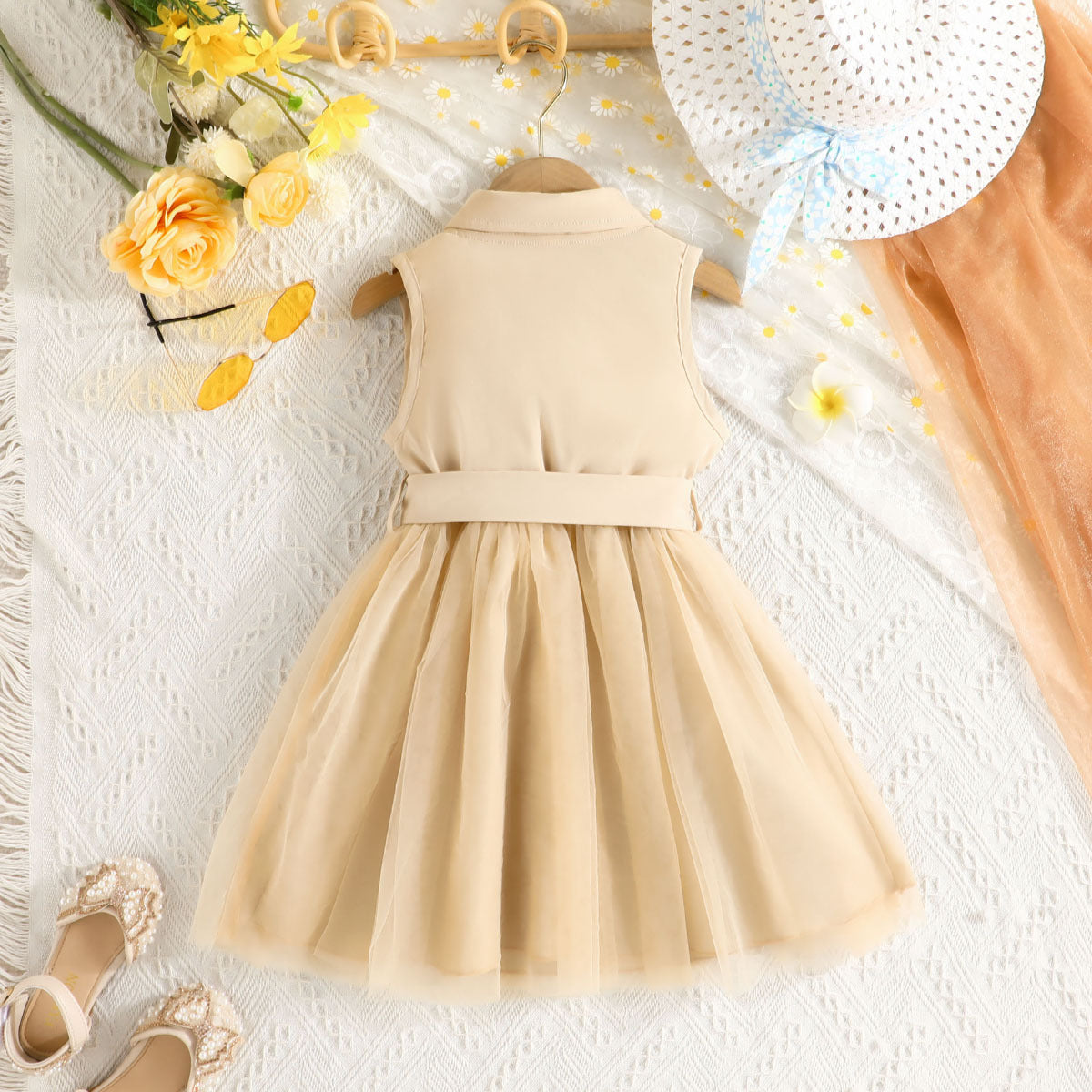 Beige Girls Shirt Collar Sleeveless Bow Detail Fit & Flare Dress