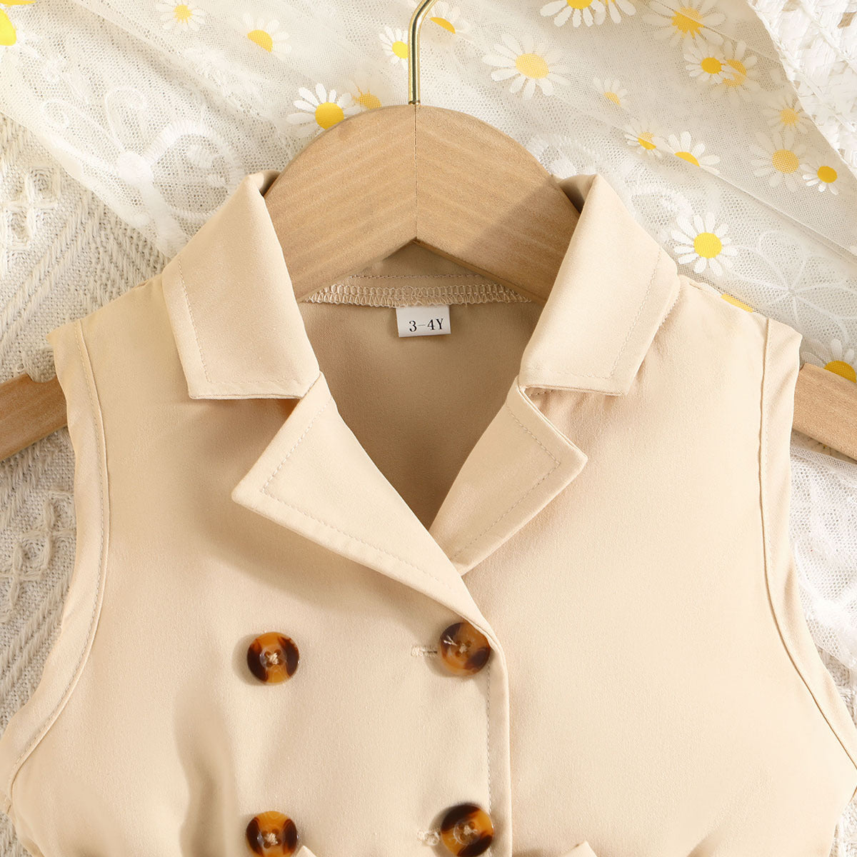 Beige Girls Shirt Collar Sleeveless Bow Detail Fit & Flare Dress
