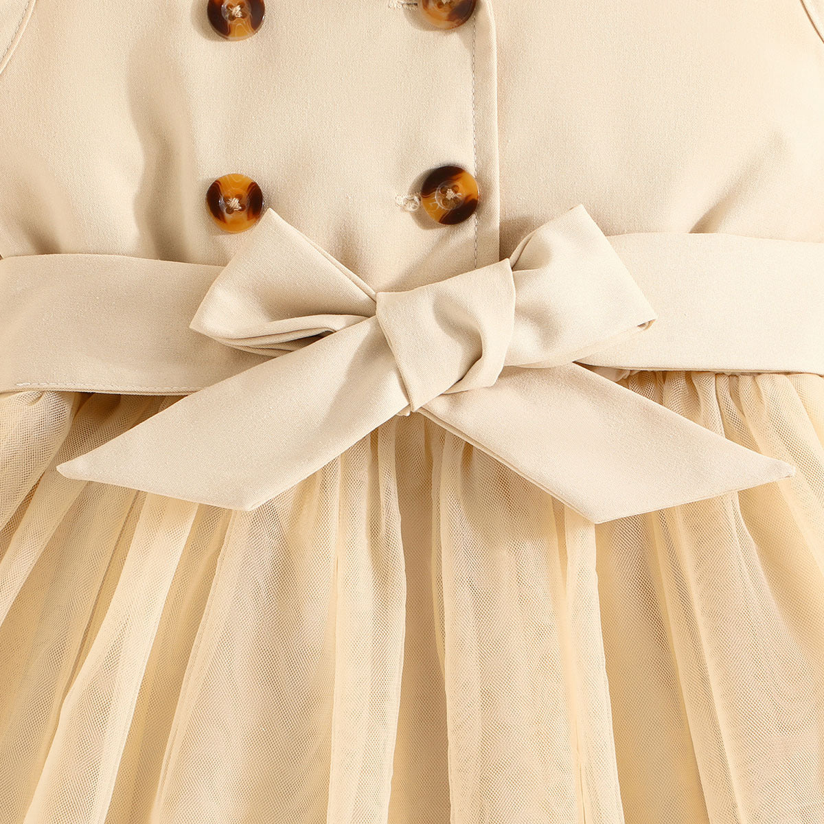 Beige Girls Shirt Collar Sleeveless Bow Detail Fit & Flare Dress