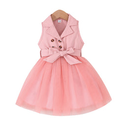 Pink Girls Shirt Collar Sleeveless Bow Detail Fit & Flare Dress