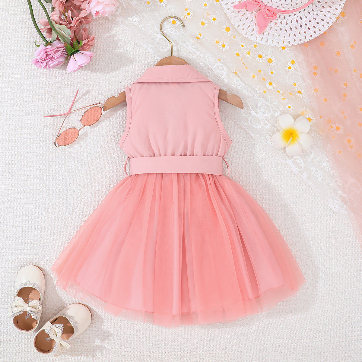Pink Girls Shirt Collar Sleeveless Bow Detail Fit & Flare Dress