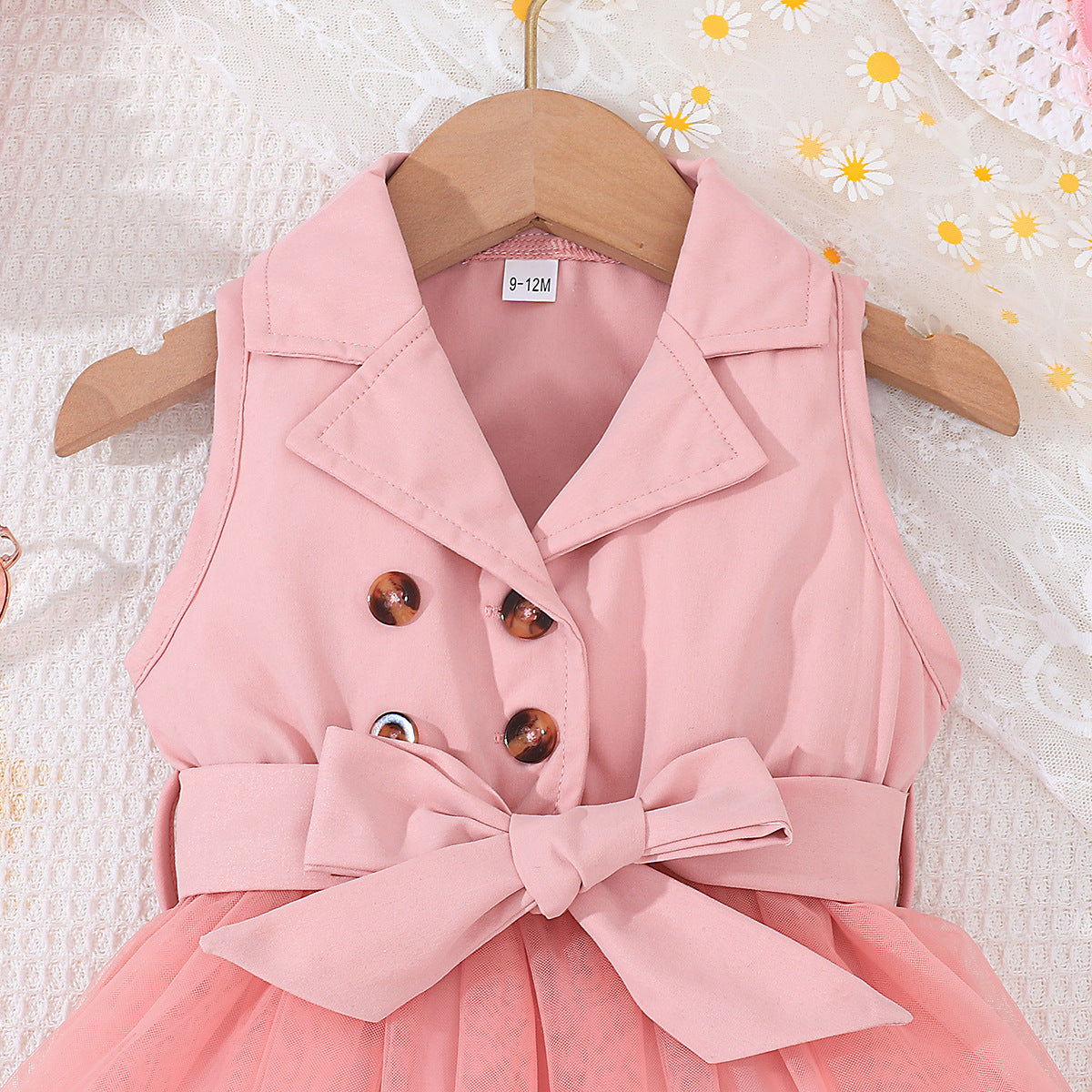 Pink Girls Shirt Collar Sleeveless Bow Detail Fit & Flare Dress