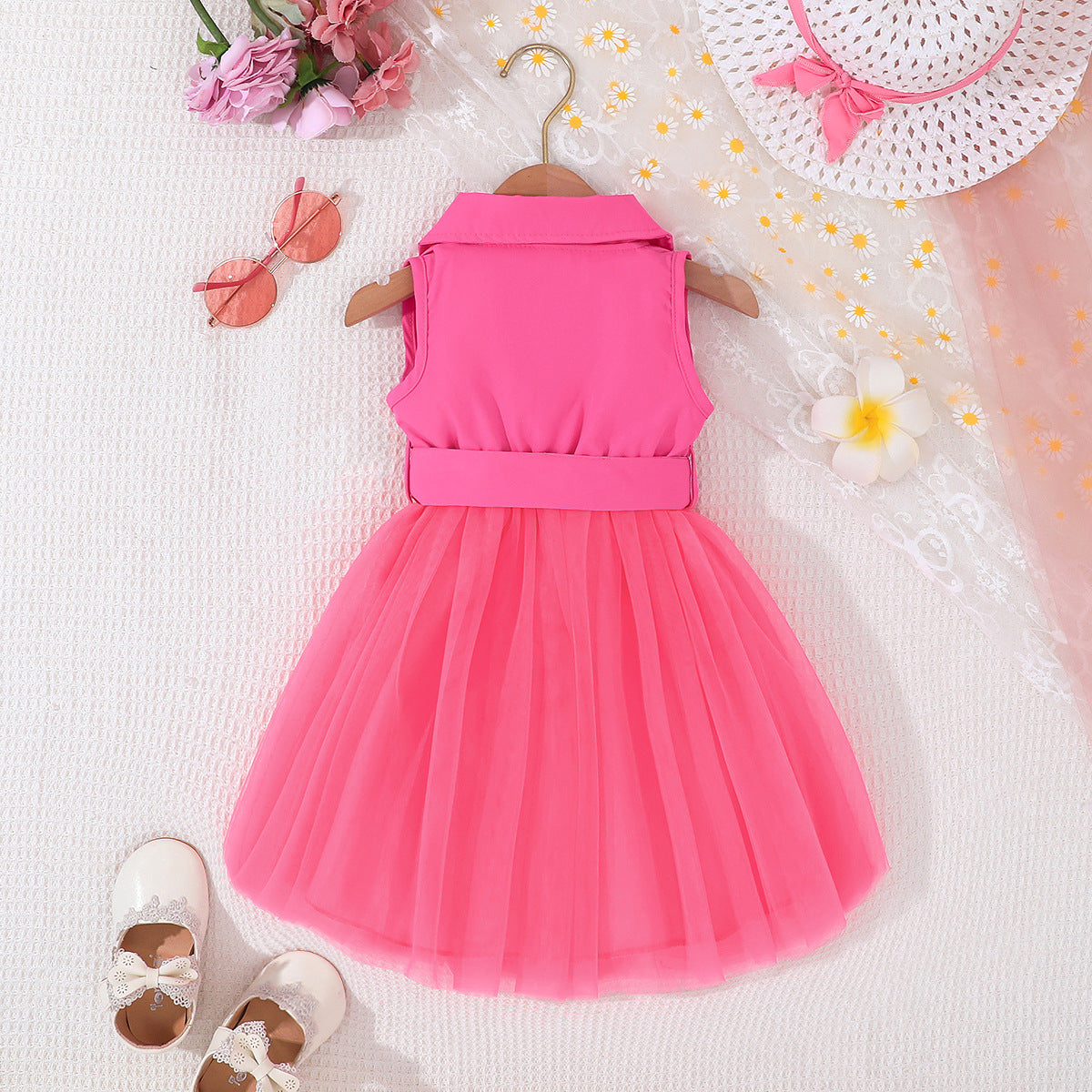 Fuchsia Girls Shirt Collar Sleeveless Bow Detail Fit & Flare Dress