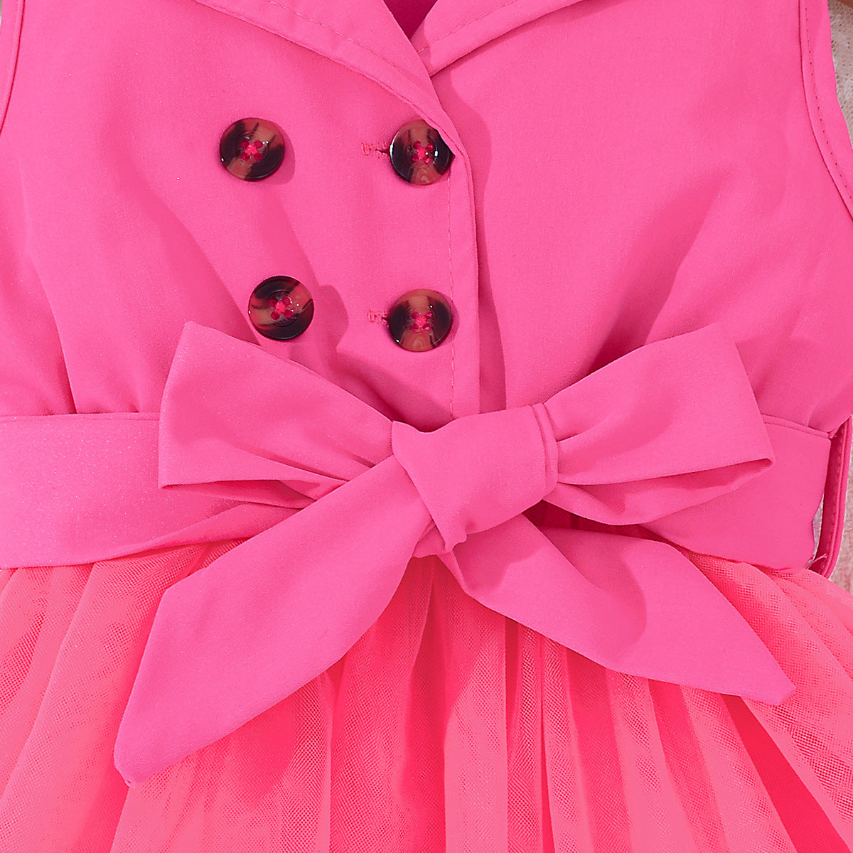 Fuchsia Girls Shirt Collar Sleeveless Bow Detail Fit & Flare Dress