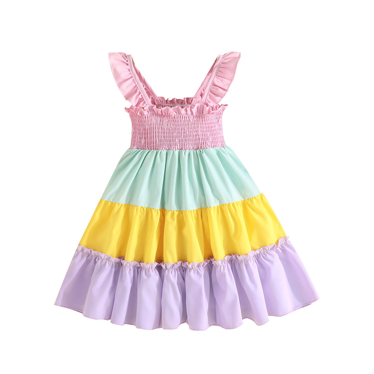 Girls Pink & Yellow Colourblocked Smocked Tiered Cotton Fit & Flare Dress