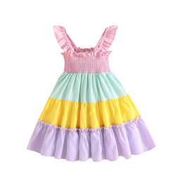 Girls Pink & Yellow Colourblocked Smocked Tiered Cotton Fit & Flare Dress