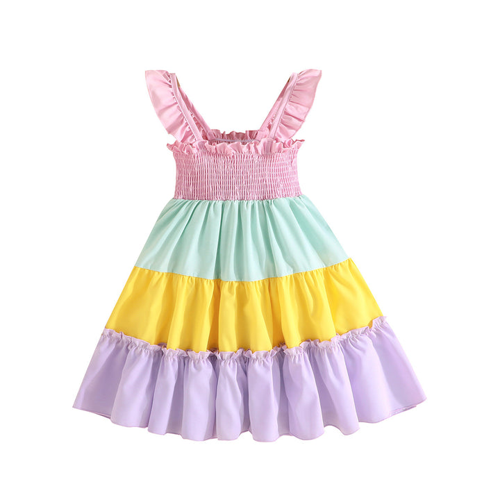 Girls Pink & Yellow Colourblocked Smocked Tiered Cotton Fit & Flare Dress