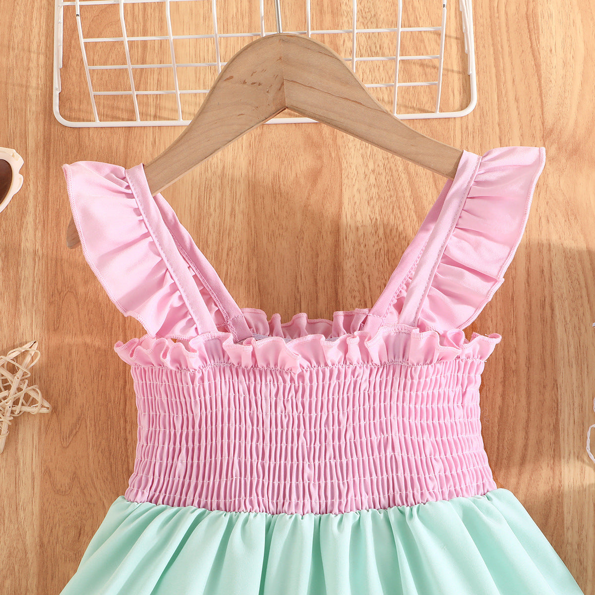 Girls Pink & Yellow Colourblocked Smocked Tiered Cotton Fit & Flare Dress