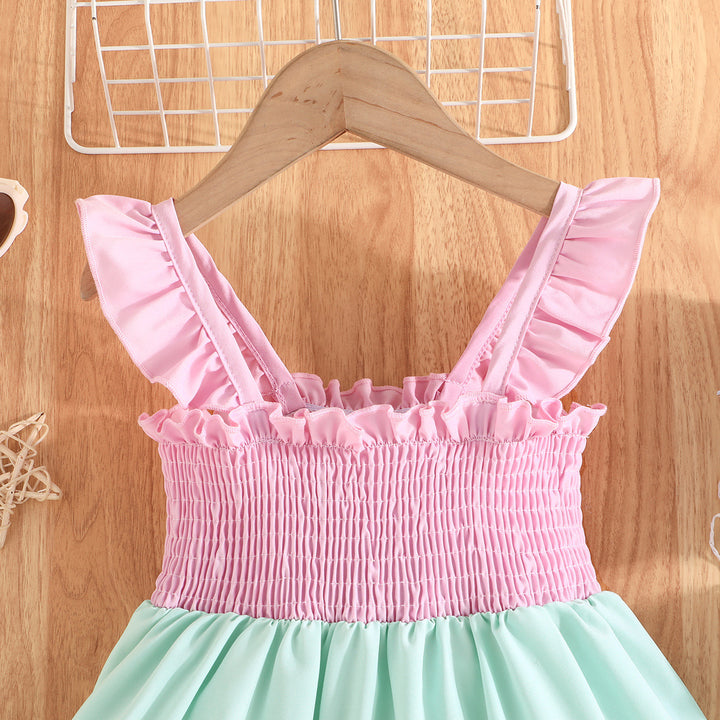 Girls Pink & Yellow Colourblocked Smocked Tiered Cotton Fit & Flare Dress
