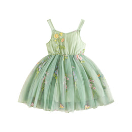 Green Girls Floral Embroidered Shoulder Straps Bow Detail Fit & Flare Dress