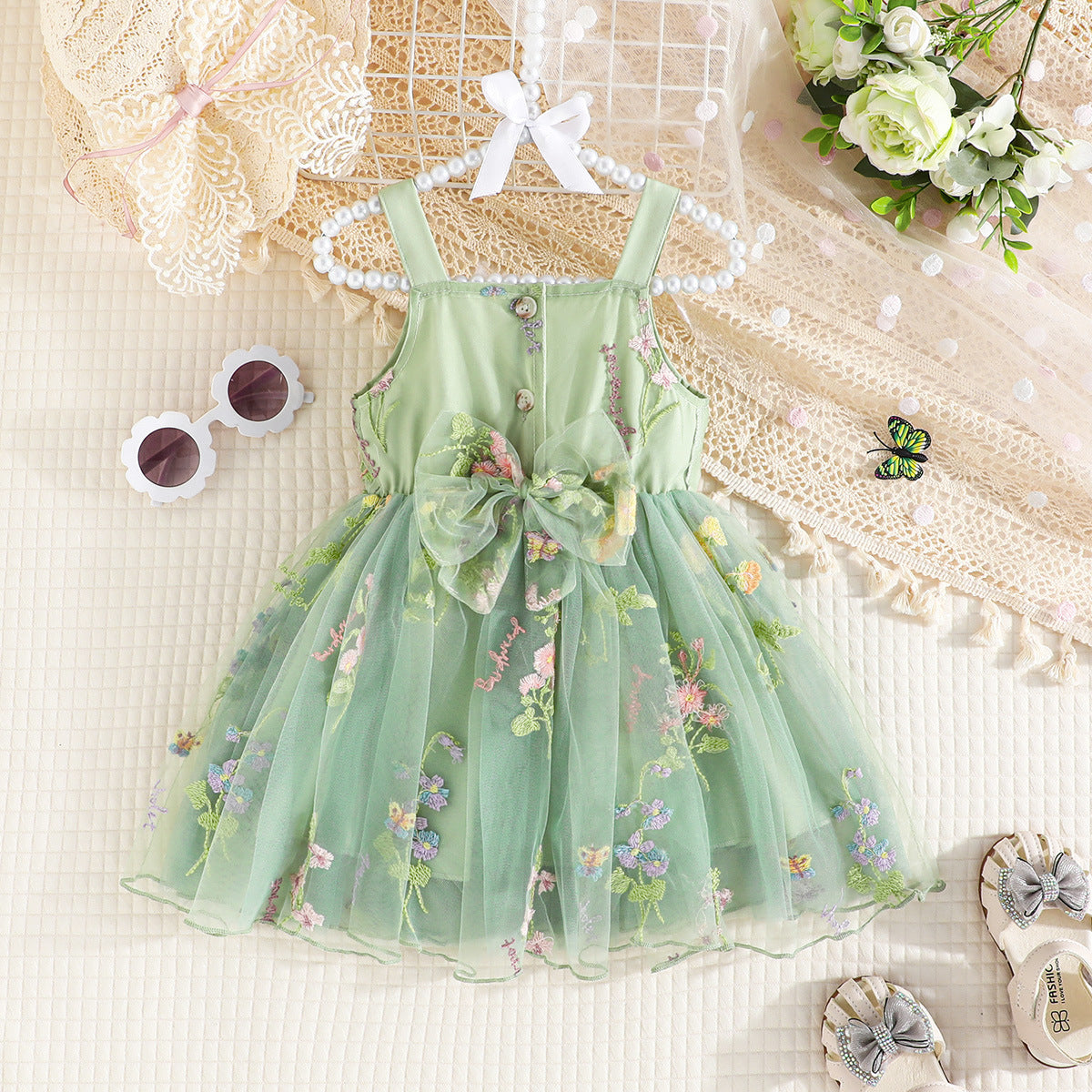 Green Girls Floral Embroidered Shoulder Straps Bow Detail Fit & Flare Dress