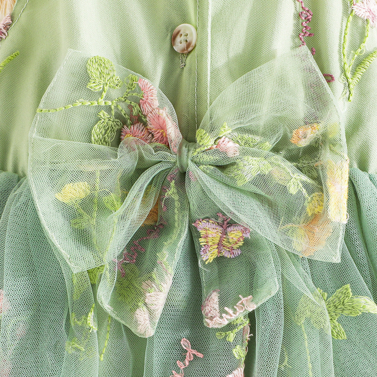Green Girls Floral Embroidered Shoulder Straps Bow Detail Fit & Flare Dress
