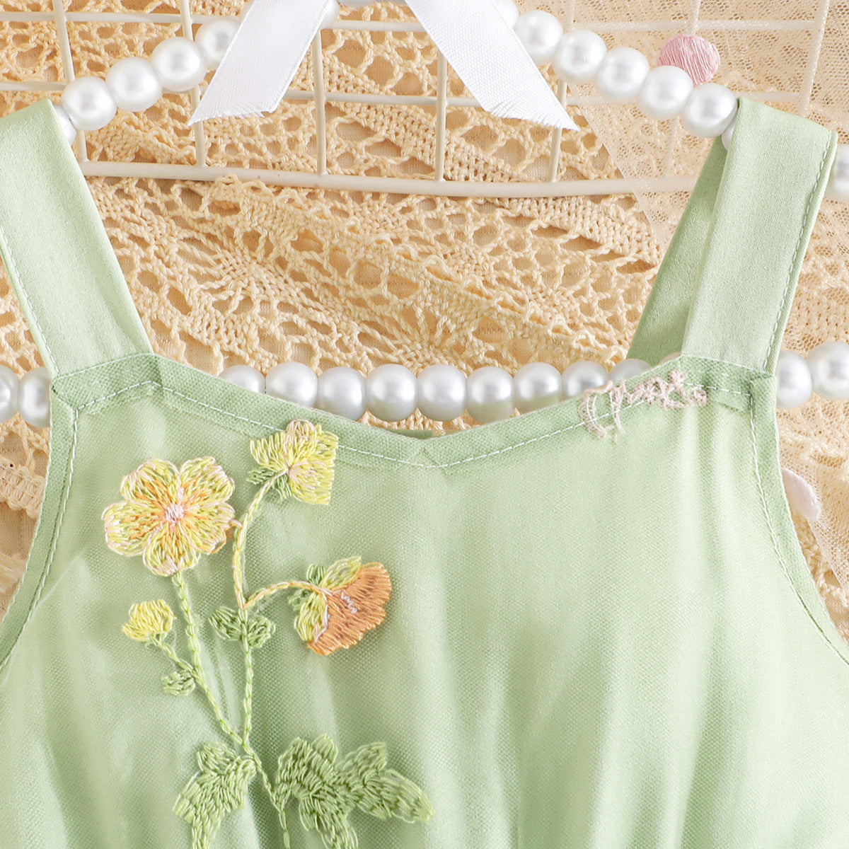 Green Girls Floral Embroidered Shoulder Straps Bow Detail Fit & Flare Dress