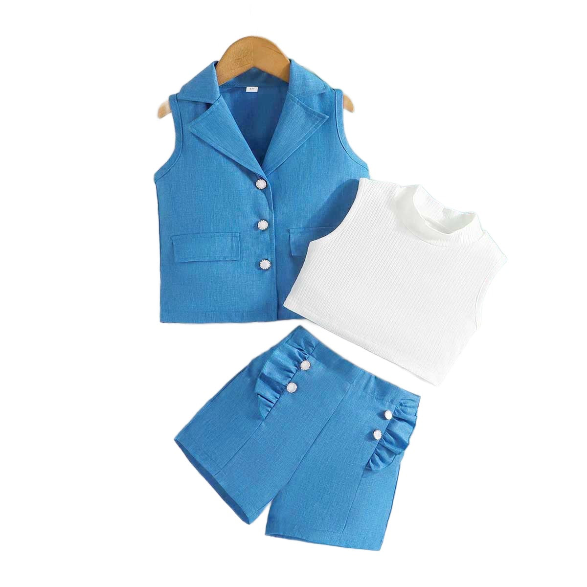 White & Blue Girls Round Neck Top with Shorts & Waistcoat