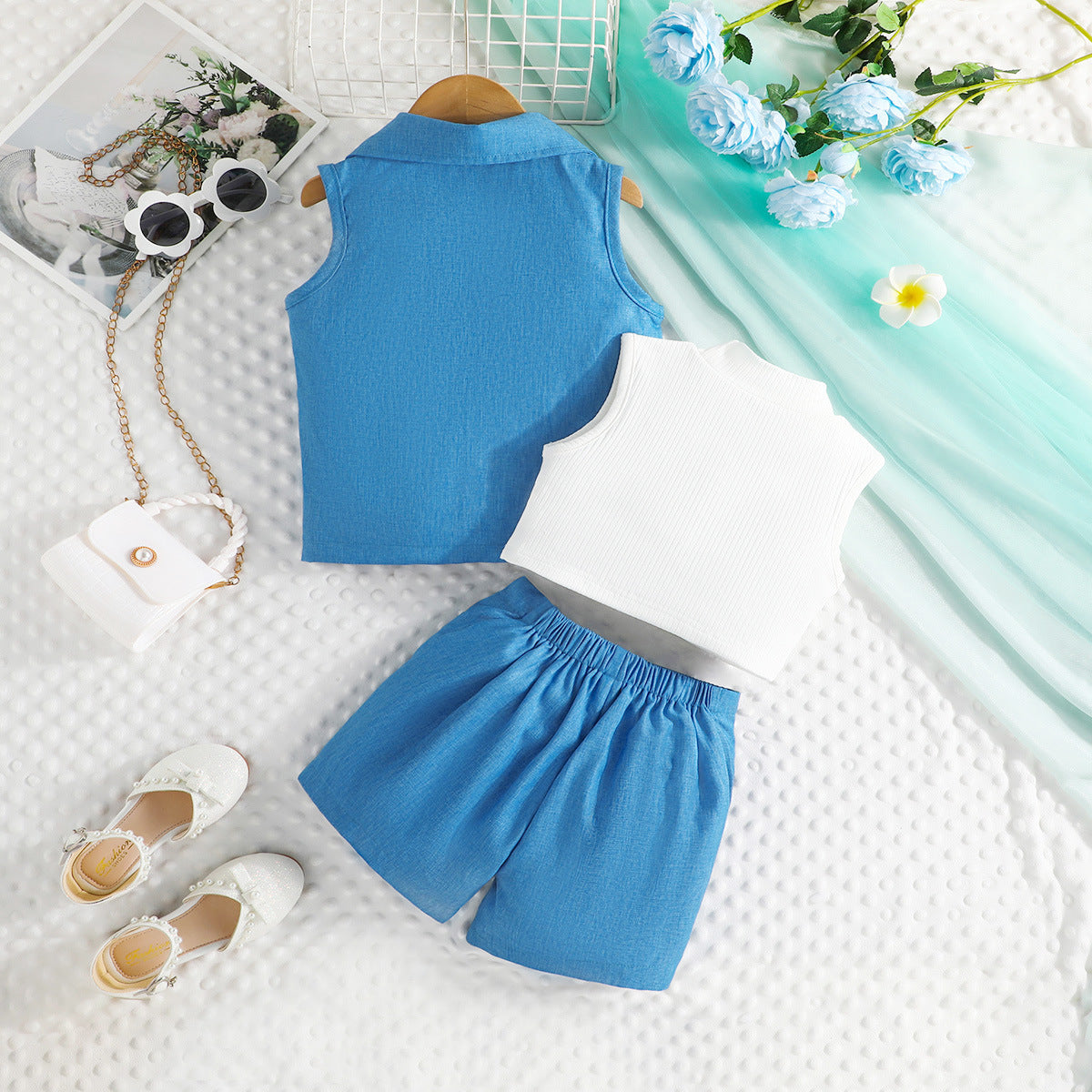 White & Blue Girls Round Neck Top with Shorts & Waistcoat