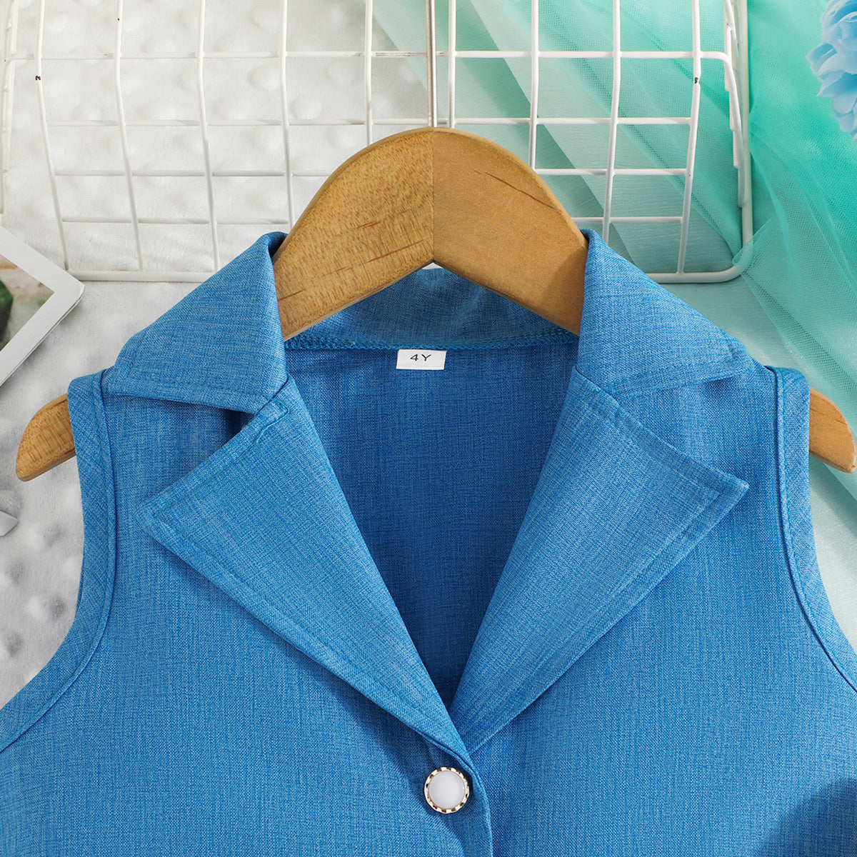 White & Blue Girls Round Neck Top with Shorts & Waistcoat