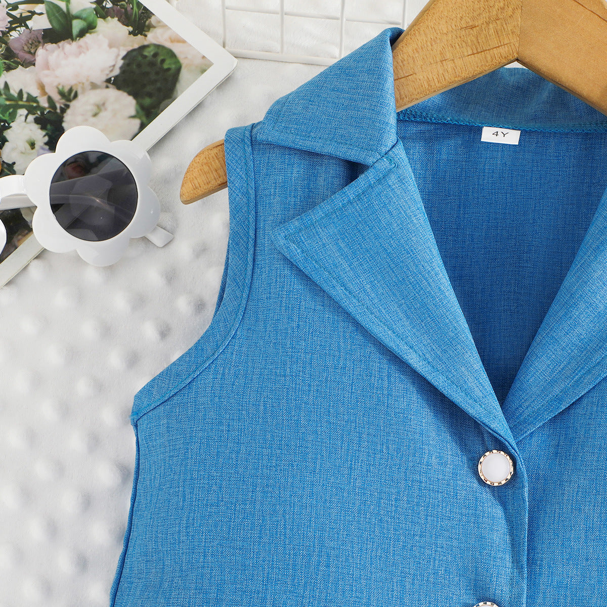 White & Blue Girls Round Neck Top with Shorts & Waistcoat