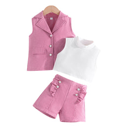 Girls Pink & White Ribbed High Neck Top with Shorts & Waistcoat