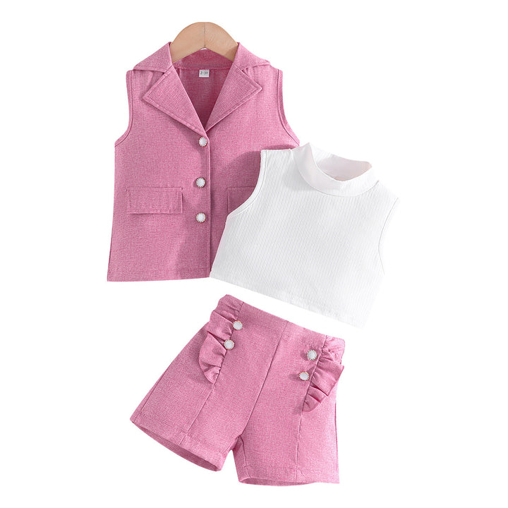 Girls Pink & White Ribbed High Neck Top with Shorts & Waistcoat