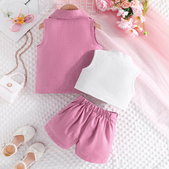 Girls Pink & White Ribbed High Neck Top with Shorts & Waistcoat