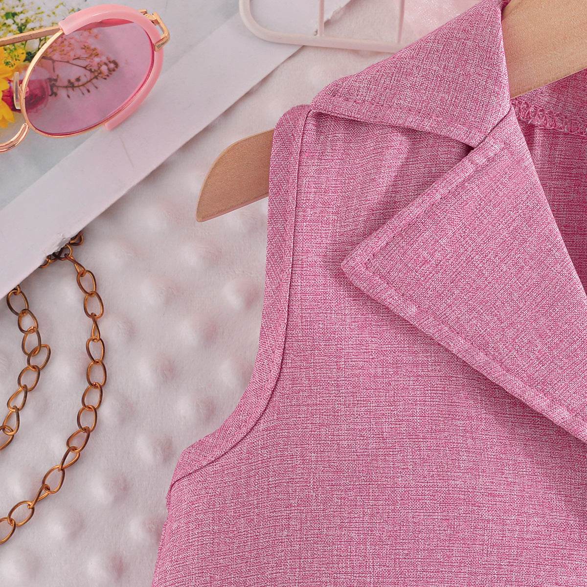 Girls Pink & White Ribbed High Neck Top with Shorts & Waistcoat