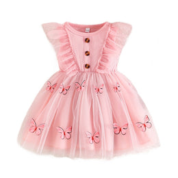 Girls Pink Conversational Printed Ruffled Fit & Flare Dress