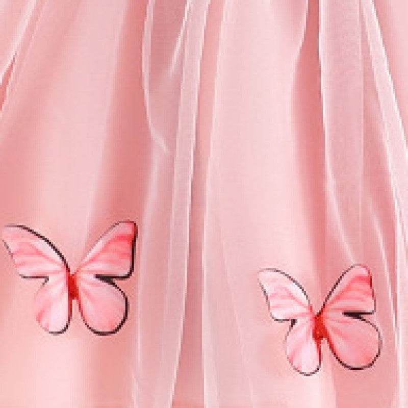 Girls Pink Conversational Printed Ruffled Fit & Flare Dress