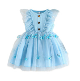 Girls Blue Conversational Printed Ruffled Fit & Flare Dress