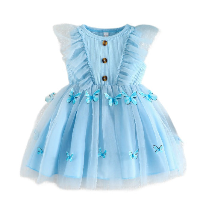 Girls Blue Conversational Printed Ruffled Fit & Flare Dress