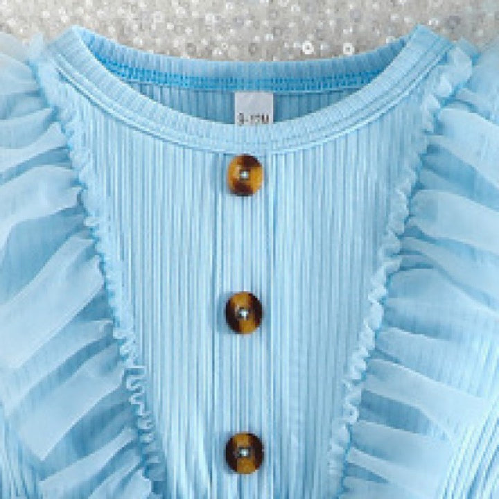 Girls Blue Conversational Printed Ruffled Fit & Flare Dress