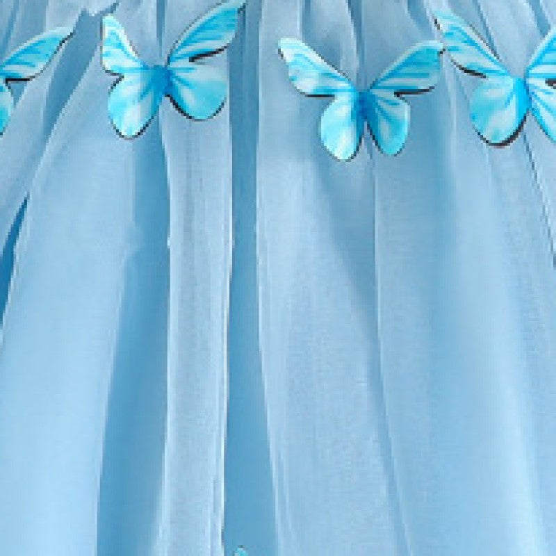 Girls Blue Conversational Printed Ruffled Fit & Flare Dress