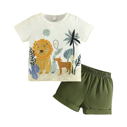 Boys Green & Cream Printed Top with Shorts
