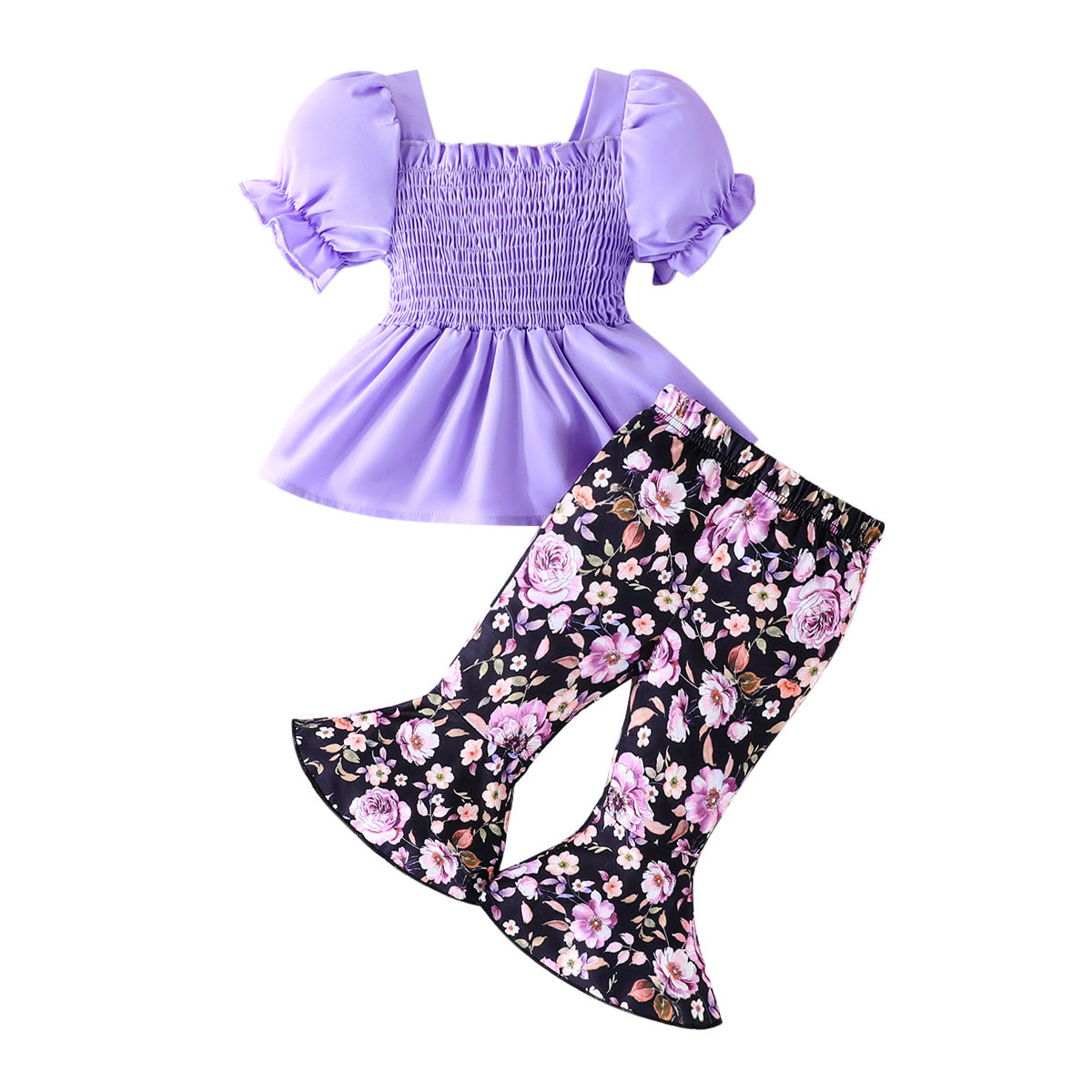 Girls Purple Smocked Top With Floral Printed Trousers