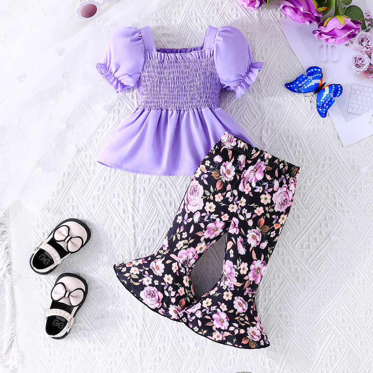 Girls Purple Smocked Top With Floral Printed Trousers