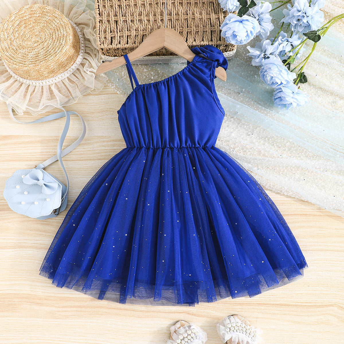 Girls One Shoulder Applique Balloon Mini Dress