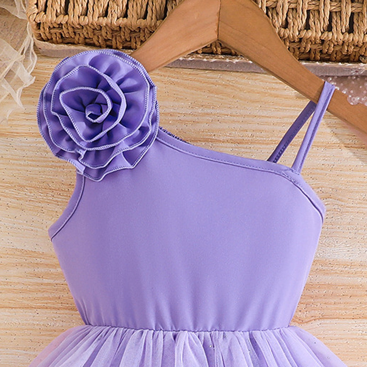 Kids-Girls One Shoulder Applique Satin A-Line Midi Dress