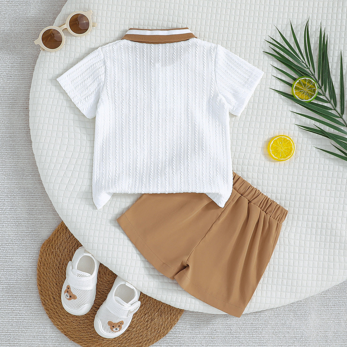 Boys Self Design Polo Collar T-shirt With Shorts