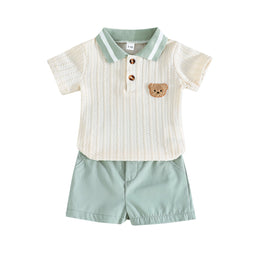 Boys Self Design Polo Collar T-shirt With Shorts